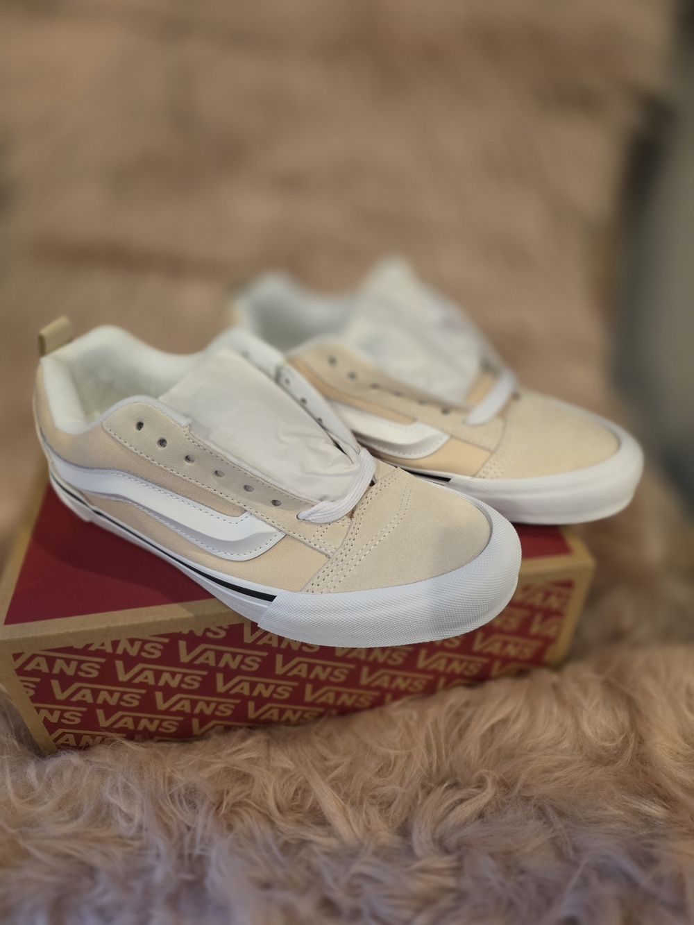 Vans Low-Top Skate Sneakers in Beige with White Stripe